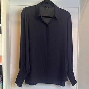 Express collared button up Medium Navy Blue smocked cuffs ballon sleeve